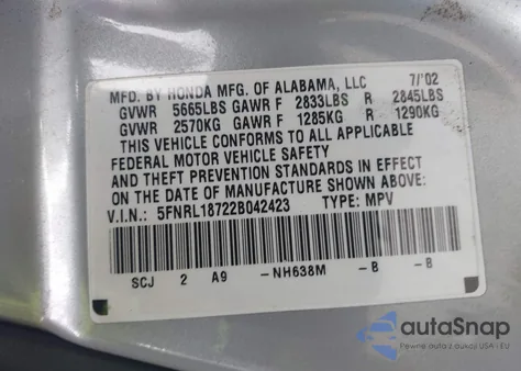 2002 Honda Odyssey Ex-L z USA, uszkodzony, nr VIN 5FNRL18722B042423